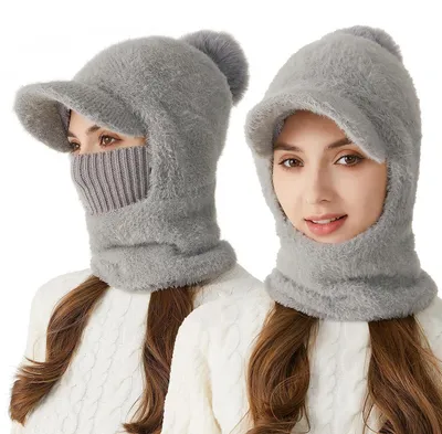 Produktbild von Strickmütze Damen Mädchen Kapuzenschal 3-in-1 Fleece Grau