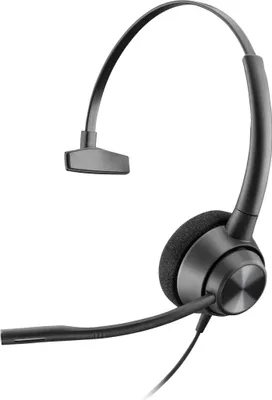 A black monaural headset with a microphone boom and earpiece is shown against a white background.