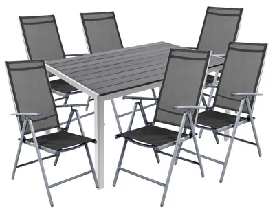 Produktbild von 7 teilige Gartengarnitur Gartenmöbel Alu Silber Non-Wood 180x90cm + 6 Hochlehner mit Textilen