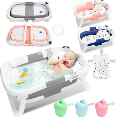 Produktbild von Jayseuw Baby Badewanne Faltbar mit Thermometer und Badekissen - Faltbare Badewanne Baby - Babywanne - Grau