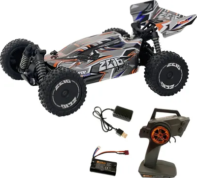 A remote-controlled buggy and its accessories are displayed against a white background.