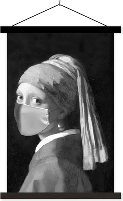 Produktbild von MuchoWow® Textilposter Das Mädchen mit dem Perlenohrring und der hellblauen Mundhaube - Gemälde von Johannes Vermeer - schwarz-weiß 120x180 cm mit schwarzem Rahmen - Fotos