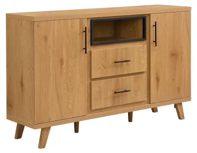 Sideboard Eiche 150 cm in Gesamtansicht mit zwei Türen, zwei Schubladen, offenem Regalfach und Holzbeinen.