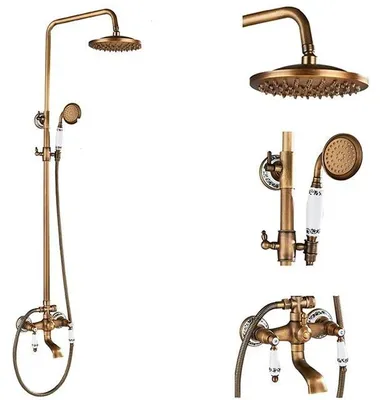 Productafbeelding van Doucheset - Wanddouche met regenkop - Opbouwmodel - Met twee handgrepen voor warm en koud water - Met handdouche - 20,3 cm - Gepolijst antiek messing - Blauw