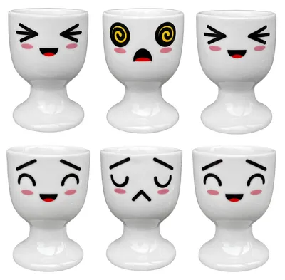 Produktbild von Elzusha - Eierbecher-Set, 6 Stück - Porzellan - Weiß mit Gesichtsdekor - Spülmaschinenfest - 6,5 x 5 cm - Zeitloses Design - Eierhalter
