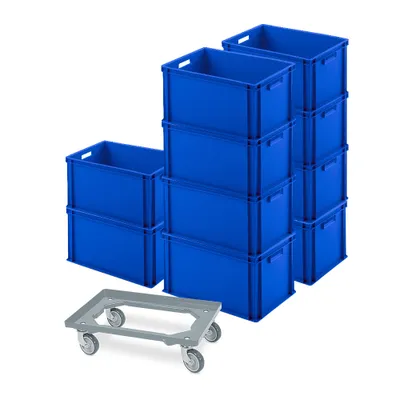 Produktbild von 10 Eurobehälter 600x400x320 mm, blau + GRATIS Schwerlast-Transportroller