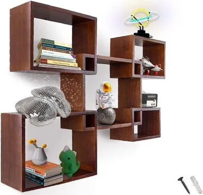 Productafbeelding van Famanu Wandplanken set - 5 rechthoekige, rustieke planken voor badkamer, slaapkamer, woonkamer - Bruin