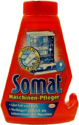 A red bottle of Somat Maschinen-Pfleger dishwasher cleaner.