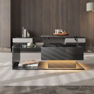 A modern living room with a coffee table.