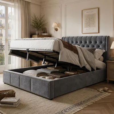 Productafbeelding van Boxspringbed 140 x 200 cm, met hydraulische opbergruimte, lattenbodem, geschikt voor slaapkamer en logeerkamer, fluwele bekleding, grijs, AI-gegenereerde afbeelding