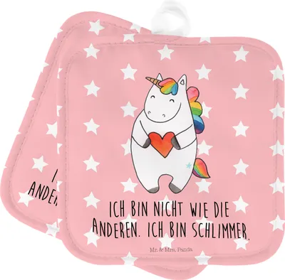 Produktbild von Mr. & Mrs. Panda Topflappen Einhorn Herz - Rot Pastell - Geschenk, topfhalter, Unicorn, Lustig, Set, Freundin, Kochlappen, Einhörner, Topfuntersetzer, Topflappenset