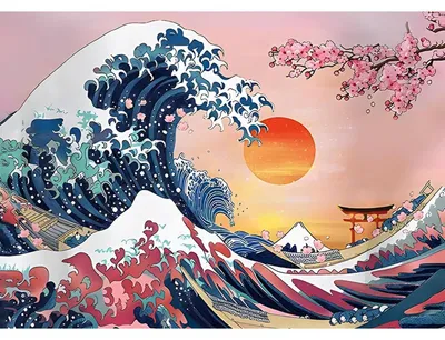 Image de Kit de peinture diamant, motif : fleurs de cerisier et vagues, dimensions : 40x30 cm
