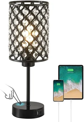 Productafbeelding van Dimbare Tafellamp met USB Oplaadpoorten en Kristallen Lampenkap