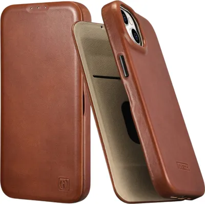 A brown leather phone case with a flap is shown from two angles against a white background.