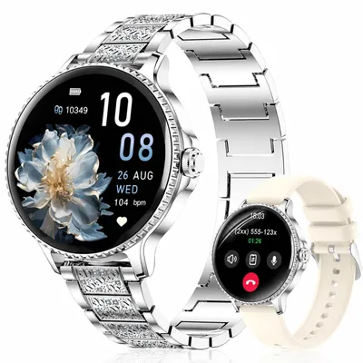 Immagine prodotto di Smartwatch da donna, modello rotondo, con cinturino in acciaio e strass. Smartwatch con funzione telefono, monitoraggio della frequenza cardiaca, SpO2, del sonno, oltre 120 modalità sportive, resistente all'acqua (IP68). Orologio sportivo per iOS, colore argento