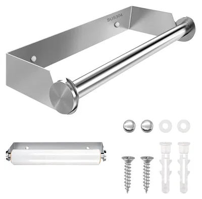 Image de Porte-rouleau de papier essuie-tout, sans perçage, fixation murale, acier inoxydable, argenté, 28 cm