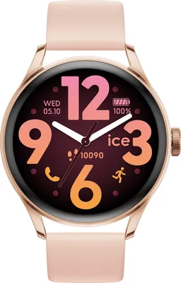 A smartwatch with a pink strap and a rose gold casing is displayed against a black background. The watch face shows the time, date, battery level, step count, and icons for calls and running.