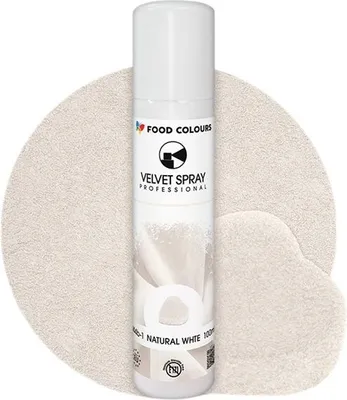 A white spray can of food coloring is placed on a textured, light-colored background.