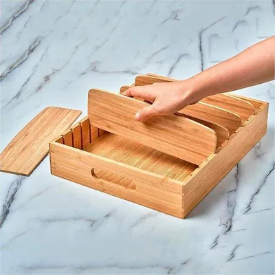 Image de Organisateur de tiroir de cuisine en bambou avec séparateurs réglables pour les couverts et la vaisselle