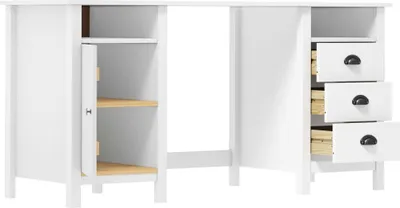 A white desk with drawers and shelves, shown from the front.