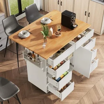 Image de Îlot de cuisine mobile avec roulettes et plan de travail, extensible, avec tiroirs et armoire, blanc, 122 x 74,5 x 91,5 cm
