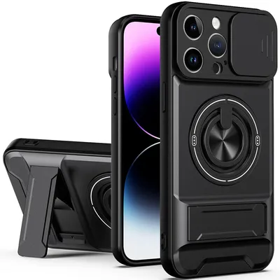 Produktbild von Magnetisch Hülle für iPhone 14 Pro Max Militär Stoßfest Hülle mit Dia Kameraschutz und Ringhalter Ständer Schwarz