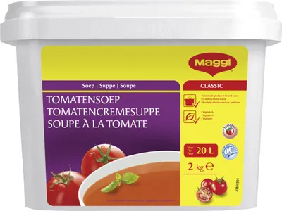 A large white tub of Maggi Classic Tomato Soup.