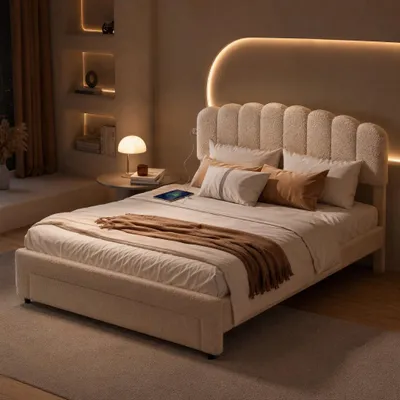 Image de Lit double 140x200 cm – Revêtement en tissu doux type "tapis" avec tête de lit équipée d'un port USB – Tiroir intégré à la base du lit – Lit confortable pour chambre à coucher ou chambre d'amis, de couleur blanche