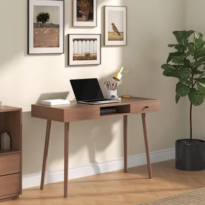 Image de Bureau "Habo" avec étagère et tiroir, dimensions 75x115x48 cm. Bureau, bureau d'ordinateur, finition imitation noyer