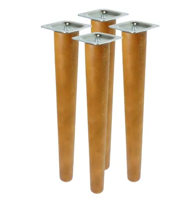Four wooden furniture legs with metal mounting plates, arranged in a group against a white background.