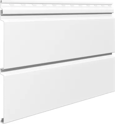 A close-up, angled view of white vinyl siding panels.