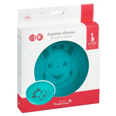 Imagen del producto de Vulli, plato de silicona para niños, modelo Sophie la Jirafa, color azul, antideslizante e irrompible