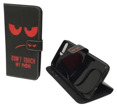 A black flip phone case with a red angry face and text "DON'T TOUCH MY PHONE" is shown next to a black phone in a clear case.