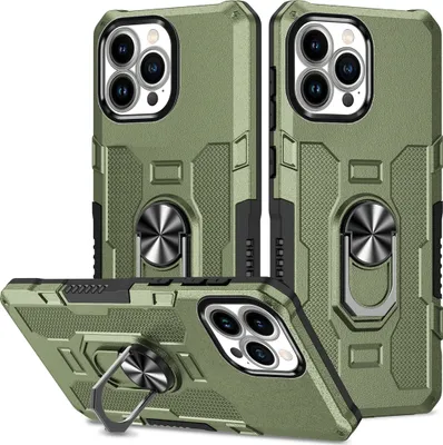 Produktbild von iPhone 13 Pro Hülle, Dual Layer Robuste Rüstung Ringhalter Ständer Schutzhülle für iPhone 13 Pro Grün