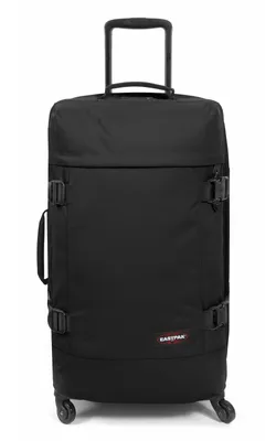 A black Eastpak Trans4 M suitcase on wheels, shown from the front against a white background.