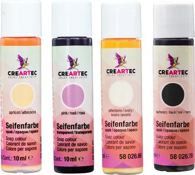 Produktbild von CREARTEC Seifenfarben Opak 4er Set (Schwarz, Pink, Elfenbein, Apricot) 40ml - Inhalt jeweils 10ml - zum Herstellen farbenfroher Seifen