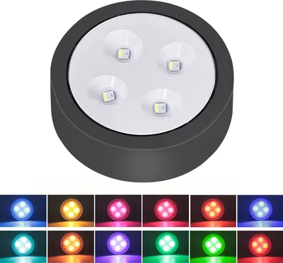 Produktbild von 4 Stück RGB LED Unterbauleuchte Kabellos Dimmbar, Schrankbeleuchtung Batterie Timer 13 Farben Touch, LED Spot Fernbedienung Küche Regal Treppe,Schwarz