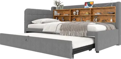 Image de okwish Canapé-lit 90/180 x 200 cm sans matelas, lit de jour avec design gigogne et sommier à lattes, lit pour jeunes avec ports USB et Type-C – gris