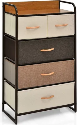 Image de Commode COSTWAY avec tiroirs en tissu, meuble de rangement à structure en acier et finition en bois, table de chevet en tissu pour le couloir ou le salon (5 tiroirs)