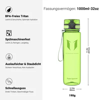 Zdjęcie produktu dla Butelka do picia Super Sparrow - butelka na wodę Tritan - 1000 ml - bez BPA - idealna butelka sportowa - sport, woda, rower, fitness, uniwersytet, outdoor - lekka, ekologiczna