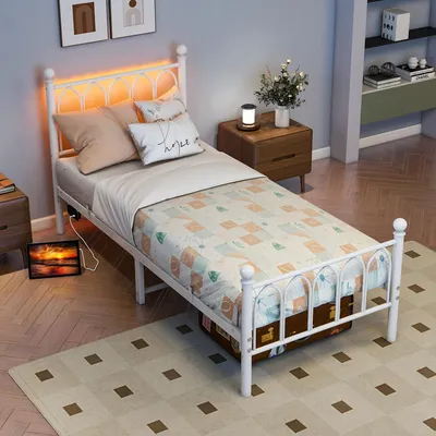 Produktbild von okwish Klassische Betten 90x200 Einzelbett Metallbett mit 13 Metalllamellen,Plattformbett mit USB-Anschlüsse und Standard-Steckdose,Jugendbett mit LED,Weiß(ohne Matratze)
