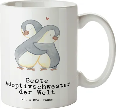 Produktbild von Mr. & Mrs. Panda Keramiktasse Pinguin Beste Adoptivschwester der Welt - Weiß - Geschenk, Geschenkidee, großer kaffeepott, Schwesterherz, Kleinigkeit, Familie, Schwester