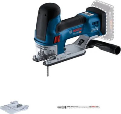 A cordless jigsaw with a battery pack attached, shown on a white background. Accessories are also visible below.