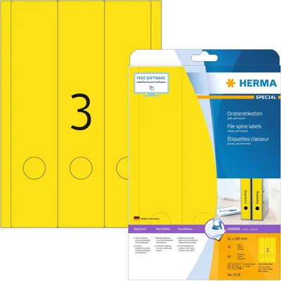 Produktbild von HERMA Ordneretiketten A4 61x297 mm gelb Papier matt blickdicht 60 St., Gelb, Selbstklebendes Druckeretikett, A4, Papier, Laser/Inkjet, Permanent