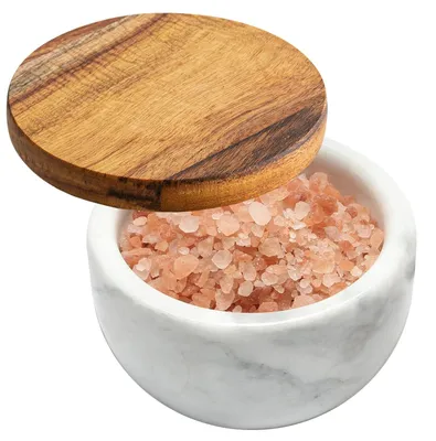 Immagine prodotto di Contenitore per sale in marmo con coperchio in legno e cucchiaino