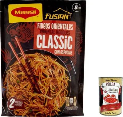 Produktbild von 3x MAGGI Fusian Geschmack klassischer Nudeln mit Gewürzen (2 Portionen) 121gr+ Italian Gourmet polpa 400g