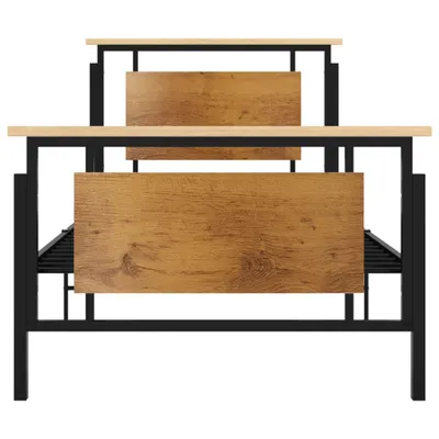 A front view of a two-tiered metal and wood bed frame.
