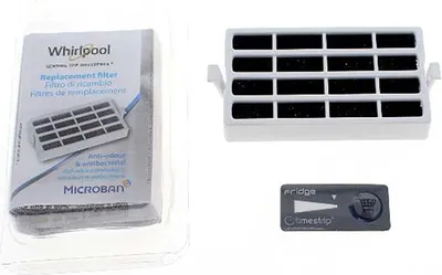 A Whirlpool replacement filter and a time strip for a refrigerator.