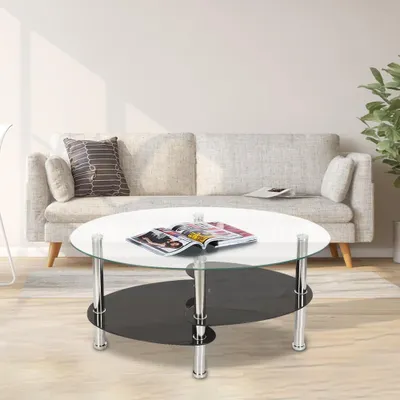 Produktbild von Oval Couchtisch aus Glas mit 2 Ebenen,Beistelltisch mit Tischplatte aus gehärtetem Glas und Metallrahmen,Sofatisch für Wohnzimmer 90x50x43 cm