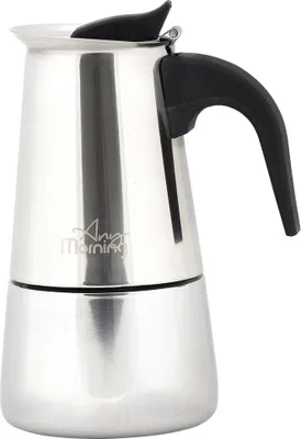 A stainless steel Moka pot with a black handle and lid accent.